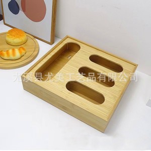 Caja organizadora de bolsas de basura de cocina de bambú y madera, organizador de film transparente y bolsas de plástico, caja de almacenamiento con compartimentos de bambú - Product Image 4