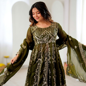Green Embroidered Silk Anarkali <b>Suit</b> With Dupatta Traditional Indian Pakistani <b>Women's</b> Floor-Length Loose Fit All Seasons - Product Image 1