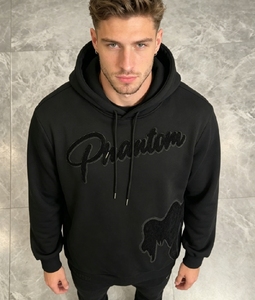 Sudadera con capucha personalizada para <span class=keywords><strong>hombre</strong></span>, de algodón negro, 360 g/m², de felpa desgastada, con bordado de chenilla, corte cropped y holgado, con remaches blancos y pedrería. - Product Image 3