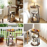 Table d'appoint style Farmhouse ultra stable, table basse/table de chevet, table d'appoint ronde à 3 niveaux avec plateau et étagère de rangement