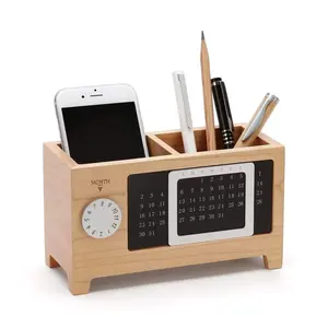 Customized wholesale high quality wooden desktop organizer with clock and pen holder wooden clock with pen holder