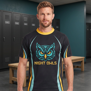 Maillot de softball pour hommes à manches courtes, séchage rapide, imprimé par sublimation, avec logo avant, coloris noir, turquoise et jaune, pour les joueurs Night Owls - Product Image 5