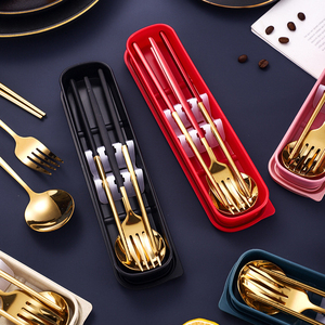 Juego de Cubiertos Portátil de Acero Inoxidable Dorado, Cubiertos de Camping Portugueses Ecológicos con Cuchara, Tenedor y Palillos, Regalo para Camping - Product Image 3