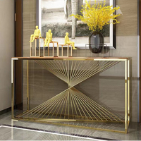 Table console moderne de luxe pour hall d'hôtel et salon, haute et étroite, en pierre frittée, ardoise, acier inoxydable doré et marbre