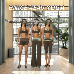 Factory Custom Front Striped Ladies Retro Yoga 4-Piece Active Set Sports Bra Foldable Quick Dry Spandex/Nylon Waist - Product Image 2
