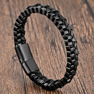 <b>Men's</b> Handcrafted Multi-Layer <b>Bracelet</b> Black Leather Cord and Stainless Steel Chain Weave - Product Image 3