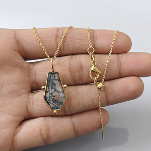 Natural moss agate coffin shape pendant charms 18k gold plated solid brass bezel set geometric gemstone pendant chain necklace - Product Image 4