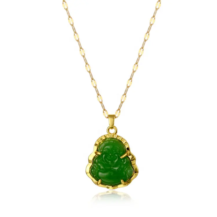 Gelukkige Groene Jade Hanger Met 18K Gouden Ketting Ketting Amulet Sieraden Cadeau Voor Vrouwen Mannen Unisex Lachen Boeddha Ketting