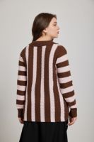 Cardigan en tricot ajouré à col polo pour femmes grandes tailles, rayures verticales marron et rose, manches longues, pull tricoté rayé, vêtement d'extérieur