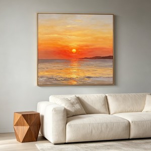 Pintura al Óleo Pintada a Mano, Paisaje al Atardecer, Arte de Pared Moderno y Minimalista para Sala de Estar, Fondo de Sofá, Marco de Madera, Impresionismo - Product Image 4