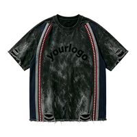 T-shirt Homme de Haute Qualité en Coton avec Strass, Patchwork, Effet Vieilli, Lavage Neige Vintage, Impression Personnalisée