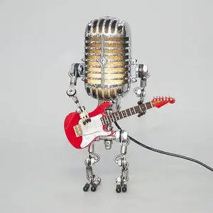 Beliebte Retro tragbare Dekoration Nachtlicht Metall Mikrofon Roboter mit Gitarre Schreibtisch lampe