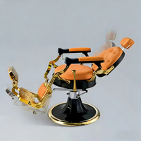 Fauteuil de Salon Hydraulique de Luxe Vintage, Chaise de Barbier en Cuir Orange Doré avec Dossier Capitonnée, Repose-Pieds et Appui-Tête pour Salon