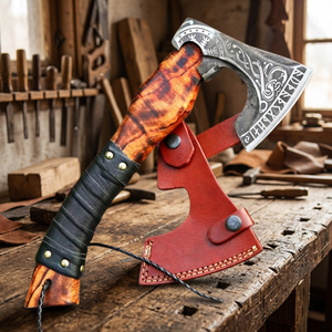 Hache Tomahawk artisanale avec manche en bois et fourreau en cuir, lame en acier forgé, hache de survie - Product Image 3