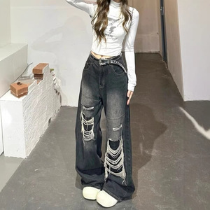 Jeans fins taille haute pour femmes, été 2026, coupe droite, amples et longs jusqu'au sol, style pantalon large - Product Image 3