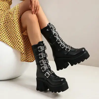 Winter Gothic Punk Womens Platform Boots Black Buckle Strap zipper Creeper Wedges Shoes Mid Calf Military Combat Boots