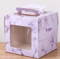 Boîte à gâteau personnalisée de nouvelle conception, biodégradable, de qualité alimentaire, en papier marbré violet clair avec poignée et fenêtre transparente