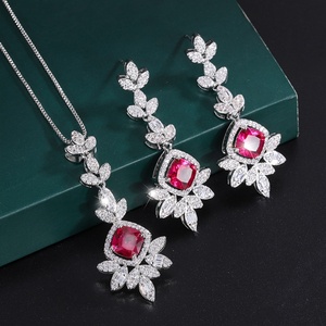 Factory Wholesale Eco-friendly Copper Round Cut 8*8mm Red Cubic Zirconia Tassel <b>Earings</b> and Neckless <b>Set</b> - Product Image 1