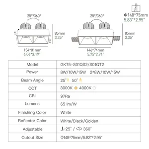 XRZLux 30W çift kafaları Downlight ayarlanabilir açı LED LED COB Downlight çoklu parlama önleyici tavan spot gömme aydınlatma