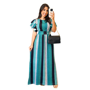 Robe longue rayée imprimée à fines bretelles et manches à volants pour femme, style européen et américain, modèle 79 - Product Image 2