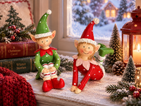 Ensemble de 2 figurines d'elfes de Noël garçon et fille, peintes à la main, à pois et rayées, en résine, assises, cadeau de Noël, décoration de table pour la maison