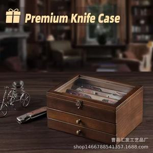 Wooden Flip Top <b>Storage</b> <b>Box</b> 11.8in X 9in X 6.1in Multi Compartment Knife Display With <b>Drawer</b> Pockets - Product Image 4
