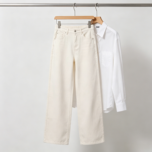 Jeans da Donna a Vita Alta e Gamba Larga, Elasticizzati, Color Crema <span class=keywords><strong>Ecru</strong></span>, Pantaloni in <span class=keywords><strong>Denim</strong></span> Baggy, Streetwear Minimalista, Vestibilità Comoda in Cotone - Product Image 4