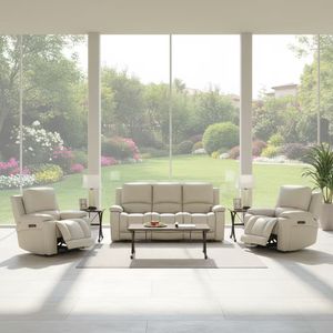 Sofá Reclinable Moderno para Sala de Estar, Cuero Genuino, <span class=keywords><strong>3</strong></span> <span class=keywords><strong>Plazas</strong></span>, Juego de Sofás Marrón - Product Image 1