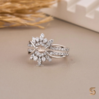 Bague ouverte de luxe moderne à double bande, motif floral, diamants de laboratoire, argent 925 plaqué rhodium, certifiée IGI, parfaite pour