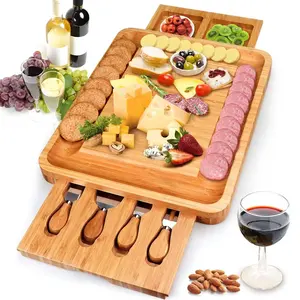 Bloques de madera para cortar, tabla de quesos de bambú con herramientas para queso, plato de queso, plato de charcutería con juego de utensilios