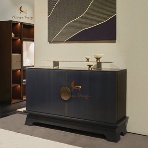 Contemporary Modern Hand Solid Wooden <b>Console</b> Table Upscale <b>Black</b> Lacquered Gold Accents Entry Hotel Home Villa - Product Image 1