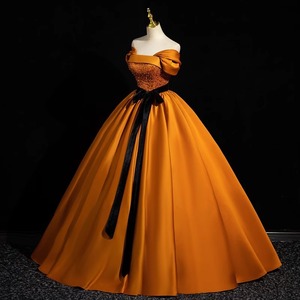 Orange Satin Off Shoulder Tutu Dress Long Skirt Stage Performance Women Adult Evening Gown Solid Color With Label - Product Image 3