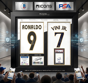 Auténtica Camiseta de Fútbol de Ronaldo 9 y Vini Jr 7, Doble Autografía, Enmarcada, Certificada por Beckett PSA Icons Memorabilia - Product Image 1