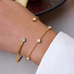 Pulsera Geométrica Redonda de Circonita, Chapada en Oro de 18K, con Engaste de Acero Inoxidable, para Uso Diario, Unisex, Juego de Joyería de 2 Piezas - Product Image 2