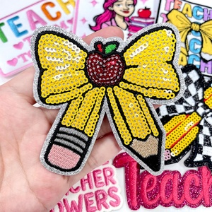 Parches Bordados de Lentejuelas con Diseño de Lápiz y Lazo para Profesores, Apliques Termoadhesivos de Chenilla para el Regreso a Clases, Regalo de Agradecimiento para Maestros - Product Image 2