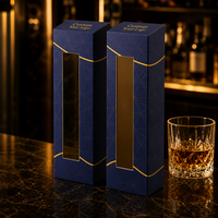 Boîte pliante personnalisée bleu marine avec dorure à chaud, haute et étroite, à extrémités pliées, avec fenêtre, pour emballage cadeau de spiritueux et de vin