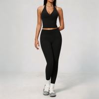 Ensemble de yoga léger GH personnalisé avec logo, pour femme, brossé, col halter, décolleté plongeant, taille haute, coupe ajustée, effet push-up fessier, pour la gym et l'entraînement