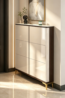 Armoire à chaussures contemporaine extensible à finition brillante, design sans poignée à ouverture par pression, pour entrée intérieure et usage hôtelier