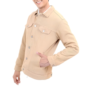 เสื้อแจ็คเก็ตเดนิมผ้าฝ้ายสีเบจแบบสั่งทำพิเศษ ปิดกระดุมแบบติดกระดุม ขายส่งกระดุมโลหะ กระเป๋าแบบมีฝาปิดที่อก เสื้อผ้าลำลองสำหรับทำงาน รับผลิตแบบ OEM สหรัฐอเมริกา ขายส่งจำนวนมาก - Product Image 1
