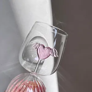3D粉色翼心北欧波纹底酒杯创意玻璃高脚杯可爱玻璃器皿礼物女孩情人