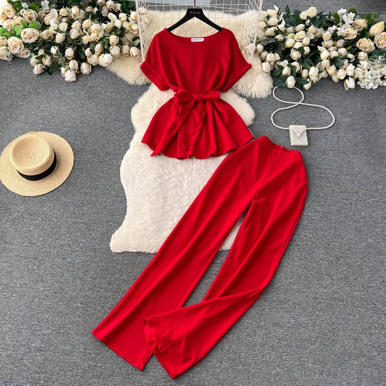 Women's Plus Size Vintage 2-Piece Summer Set O-Neck Tunic Top High Waist  Pants with Belt Loose Casual Jogging Suits Wholesale