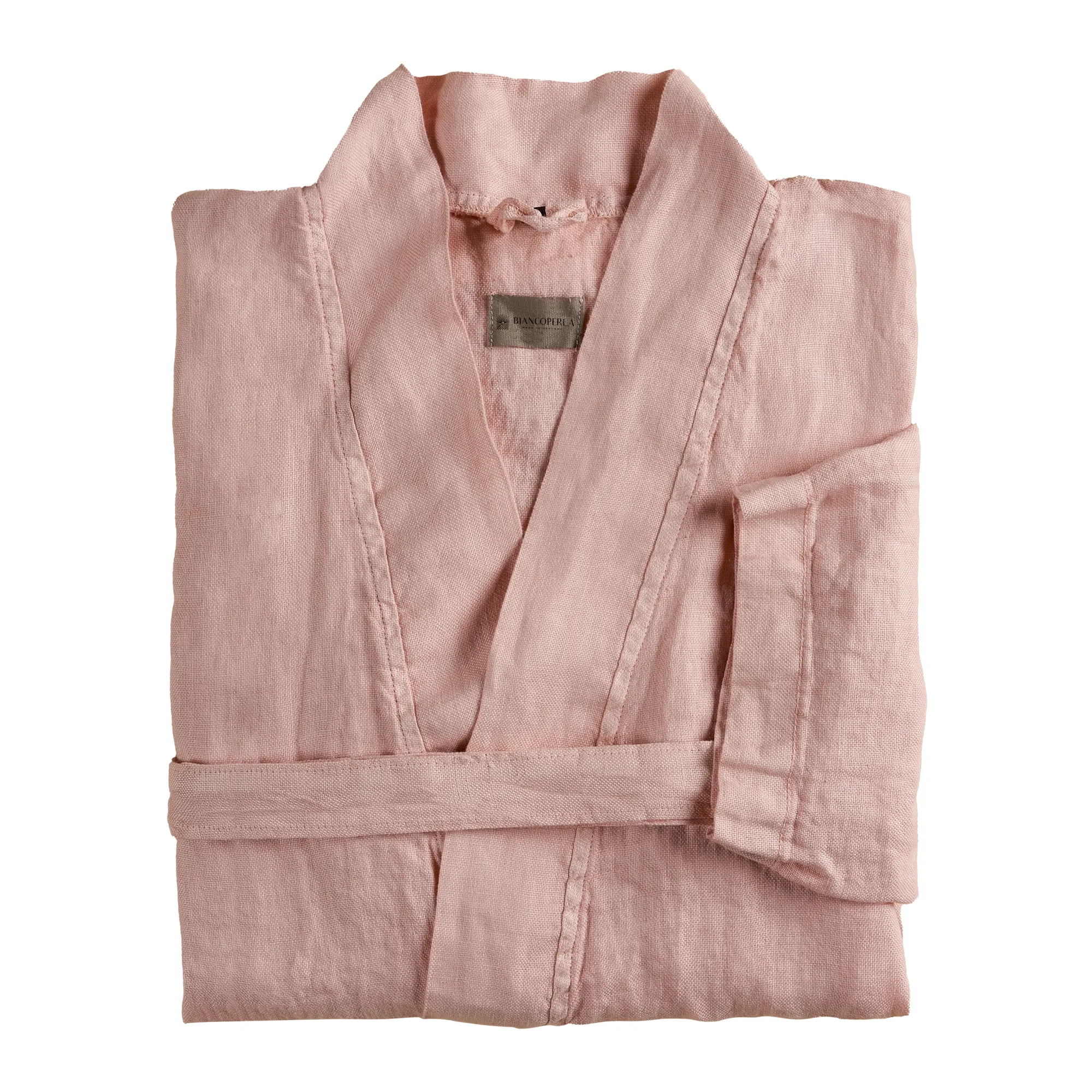 Grosir merek Italia pakaian merah muda cahaya dicelup Linen murni Panama Kimono jubah mandi penggunaan sehari-hari