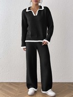 Ensemble deux pièces pour femmes en gros, pull à col polo à blocs de couleur avec pantalon de détente à jambes larges