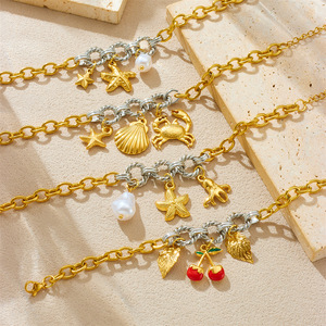 Fashion Charm Bracelets Zinc Alloy Gold Silver Chain Conch Starfish Crab Cherry Pendant Unisex Jewelry Accessory - Product Image 1