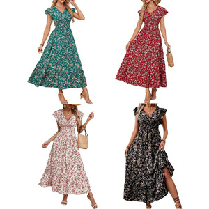 Robe longue d'été pour femme à imprimé floral, col <span class=keywords><strong>en</strong></span> V, manches courtes à volants, taille haute, coupe trapèze fluide, décontractée, pour la plage et les vacances - Product Image 6