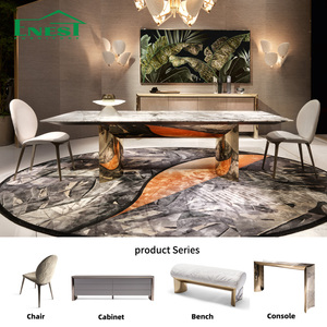 Set Tavolo da Pranzo Rettangolare in Marmo Italiano di Alta Gamma, Tavolo da Pranzo Lussuoso Placcato Oro, Set di Arredamento Moderno per Sala da Pranzo di Villa - Product Image 1