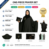 Ensemble de prière portable 3-en-1 en gros : Robe de prière instantanée musulmane, Hijab et Pochette zippée – Logo personnalisé – Spécial Ramadan