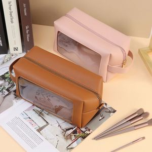 PU Leather <b>Transparent</b> Window Cosmetic <b>Bag</b> Durable <b>Makeup</b> BagPortable Toiletry Pouch with Handle - Product Image 1