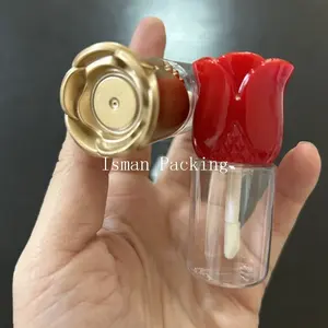 2024 envases de brillo de labios en forma de flor de rosa roja de oro lindo vacío único tubos de embalaje de brillo de labios con varitas de cepillo 10ml