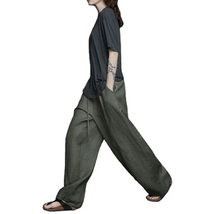 Pantaloni Estivi a Gamba Larga in <span class=keywords><strong>Lino</strong></span> <span class=keywords><strong>Verde</strong></span> Muguyu, Bestseller a Vita Alta, Fluido e Comodo, Stile Casual (Art. N. 260604225) - Product Image 1